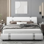 Homfa Full Size Modern Leather Upholstered Platform Bed Frame with Adjustable Headboard (White) @ $199.99
