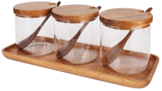 GLASS SPICE JARS AND CONDIMENTS SET W/ TRAY @ $36.88