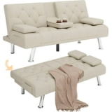 Homfa Upholstered Convertible Futon Sleeper Sofa with Removable Armrests and 2 Cup Holders (Cream White) @ $219.99