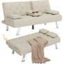 Homfa Upholstered Convertible Futon Sleeper Sofa with Removable Armrests and 2 Cup Holders (Cream White) @ $219.99