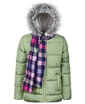Big Girls Solid Quilt Puffer Coat & Plaid Scarf @ $19.99