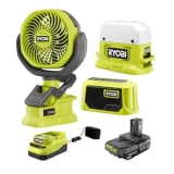 RYOBI ONE+ 18V Cordless 3-Tool Campers Kit with Area Light, Bluetooth Speaker, 4 in. Clamp Fan, 1.5 Ah Battery, and Charger @ $69.00