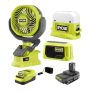 RYOBI ONE+ 18V Cordless 3-Tool Campers Kit with Area Light, Bluetooth Speaker, 4 in. Clamp Fan, 1.5 Ah Battery, and Charger @ $69.00