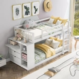 Harper & Bright Designs Twin over Twin Wood Bunk Bed with Attached Cabinet and Storage Shelves (White) @ $538.29